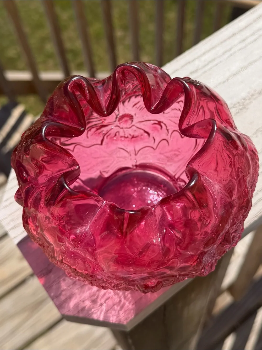 Fenton 1970s Cranberry Rose Poppy Embossed Flowers Crimped Top Rose Bowl Vase